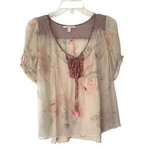 Rebecca Taylor Sheer Floral Silk Boho Puff Sleeve Blouse with Camisole, Size 6